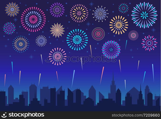 Night city fireworks. Holiday celebration firework, celebrated festive firecracker over town silhouette vector background