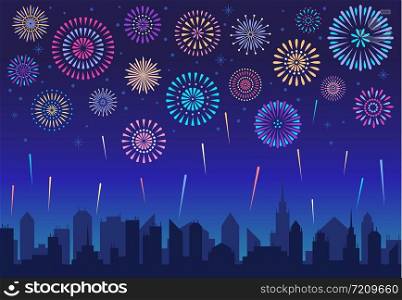 Night city fireworks. Holiday celebration firework, celebrated festive firecracker over town silhouette vector background
