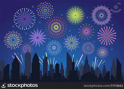 Night city fireworks. Holiday feast celebration firework, celebrated festive firecracker over town new year, carnival or independence day celebrate silhouette vector background