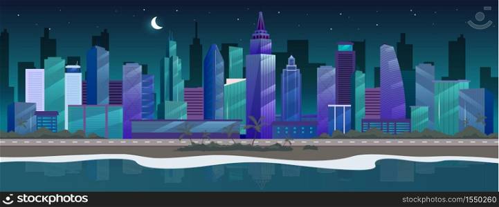 Night city flat color vector illustration. Seaside skyline. Nighttime metropolis 2D cartoon cityscape with skyscrapers on background. Sandy beach panorama with palm trees and skyscrapers. Night city flat color vector illustration