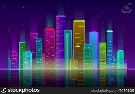 Night city. Futuristic cityscape with bright and glowing neon purple and blue lights, skyscrapers panorama vector background