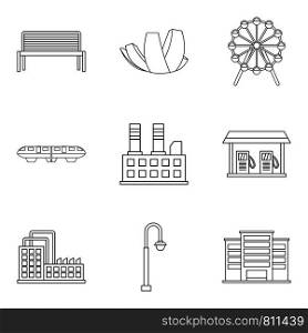 Night city icons set. Outline set of 9 night city vector icons for web isolated on white background. Night city icons set, outline style