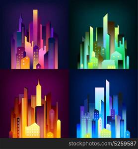 Night City Illuminated 4 Icons Poster . Night city downtown skyscrapers and business center edifices in colorful illumination lights 4 icons square poster vector illustration