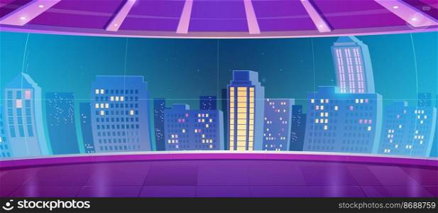 Night city in neon lights on cinema screen or observation deck view. Futuristic cityscape with glow illumination. Modern town buildings exterior architecture in blue colors Cartoon vector illustration. Night city in neon lights on cinema screen, town