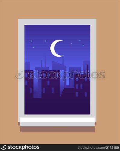 Night city in window frame. Dark sky with building silhouettes from inside flat view. Vector illustration. Night city in window frame. Dark sky with building silhouettes from inside flat view