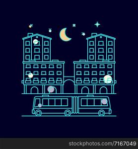 Night city landscape with moon, stars and homes, bus, vector illustration. Night city landscape