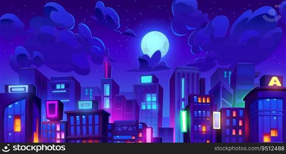 Night city landscape with neon lights on signboards, clouds and moon on sky under rooftops. Cartoon vector illustration of horizontal banner - urban street skyline or panorama with high buildings.. Night city landscape with neon lights and sky