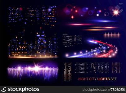 Night city lights set with flashing windows of high buildings motorway car headlights and river bridges vector illustration