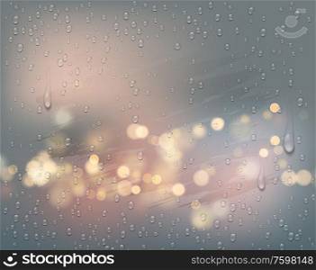 Night city lights view through a foggy window with raindrops. Vector illustration EPS10. Night city lights view through a foggy window with raindrops. Vector illustration
