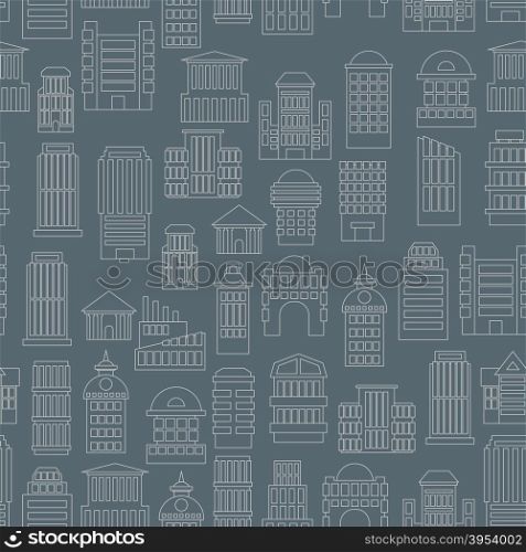 Night city pattern. Silhouettes of buildings in the dark. Evening metropolis seamless. Skyscrapers and towers. Urban ornament for fabric