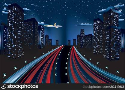 Night City Road Panorama. Urban background, skyscrapers and two roads in the night city.