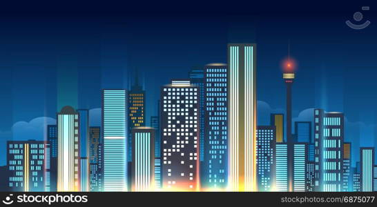 Night city skyline illustration. Night city skyline vector illustration. Glowing urban horizon like Beijing or Moscow