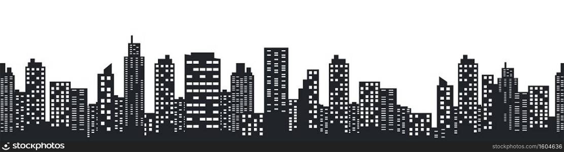 Night city skyline. Silhouette of the city in a flat style. Modern urban landscape. City skyscrapers building. Vector illustration