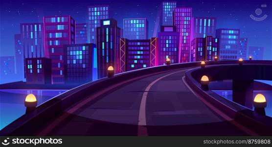 Night city skyline view from bridge, road with glow street lamps, railings and metropolis cityscape with neon glowing skyscraper buildings, urban architecture. House towers Cartoon vector illustration. Night city skyline view from bridge, urban road