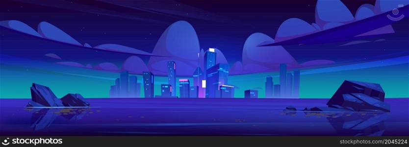 Night city skyline with glowing lights at ocean shore. Futuristic cityscape at sea waterfront, cartoon background with illuminated skyscrapers. Modern town buildings architecture Vector illustration. Night city skyline with glowing lights at ocean