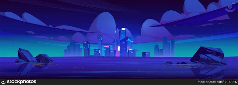 Night city skyline with glowing lights at ocean shore. Futuristic cityscape at sea waterfront, cartoon background with illuminated skyscrapers. Modern town buildings architecture Vector illustration. Night city skyline with glowing lights at ocean