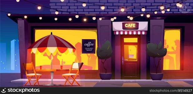 Night city street bar building with garland cartoon vector background. Outside restaurant terrace with table and chair. Corner bistro house storefront in evening with people silhouette in window. Night city street bar building with garland vector