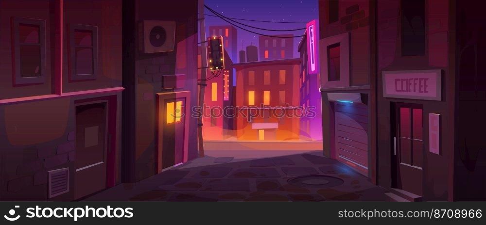 Night city street corner urban cityscape background, quiet nook with buildings back exit doors, coffee house, windows and view on central illuminated road, Cartoon vector game or book illustration. Night city street corner cityscape background