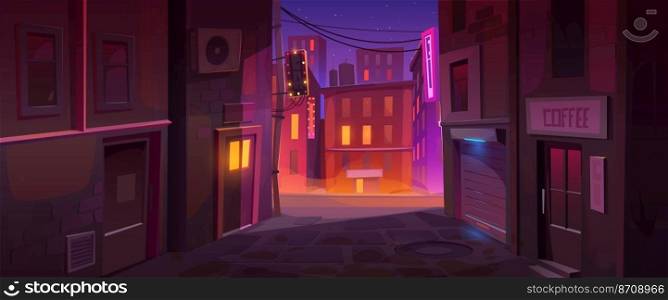 Night city street corner urban cityscape background, quiet nook with buildings back exit doors, coffee house, windows and view on central illuminated road, Cartoon vector game or book illustration. Night city street corner cityscape background