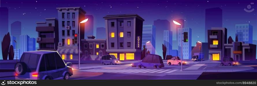 Night city street crossroad scene with car traffic. Evening in town with l&light on road cartoon vector background. Dark house with apartment and coffee shop. Urban panorama view.. Night city crossroad scene with cars background