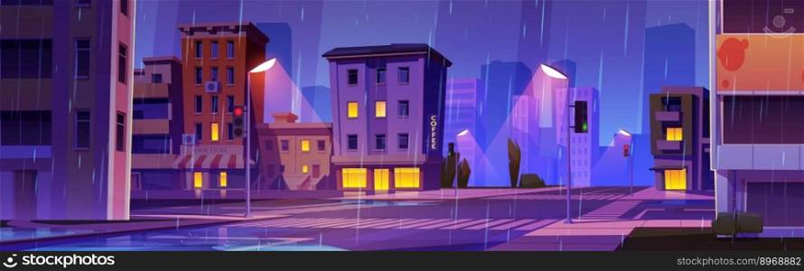 Night city street crossroad scene with car traffic. Evening in rainy town with lamp light on road cartoon vector background. Dark house with apartment and coffee shop. Urban panorama view.. Night city crossroad scene with cars background
