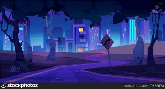 Night city street road to building cartoon game landscape. Dark urban skyline and highway 2d perspective concept. Winding downtown speedway on horizon and turn signboard scenic summer concept banner.. Night city street road to building cartoon game