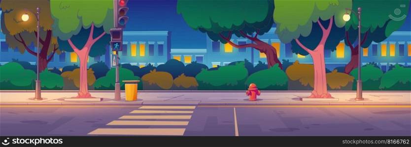 Night city street with buildings, traffic lights at crosswalk for pedestrian safety. Vector illustration of contemporary cartoon houses, empty road and sidewalk, trees and bushes, evening illumination. Night city street with buildings, traffic lights