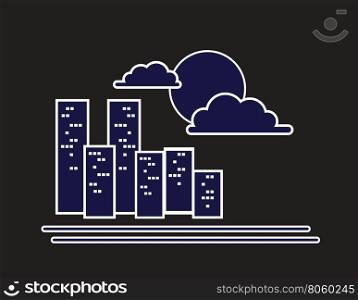 night city symbol with buildings moon and clouds on dark background abstract vector illustration