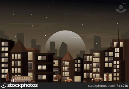 Night City Urban Skyscraper Building Cityscape View Flat Design Illustration