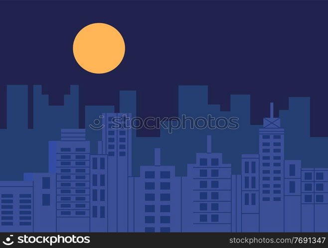 Night city vector illustration. Dark urban scape. Modern city with skyscrapers with night atmosphere clear sky and round moon urban buildings landscape, abstract background cityscape in flat style. Night city vector illustration. Dark urban scape. Night cityscape in flat style, abstract background