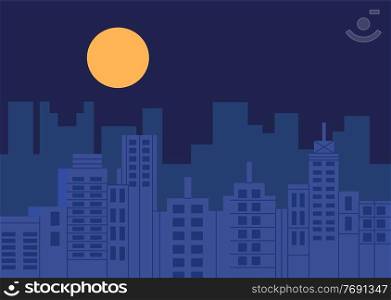 Night city vector illustration. Dark urban scape. Modern city with skyscrapers with night atmosphere clear sky and round moon urban buildings landscape, abstract background cityscape in flat style. Night city vector illustration. Dark urban scape. Night cityscape in flat style, abstract background