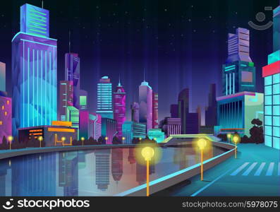 Night city, vector illustration low poly style