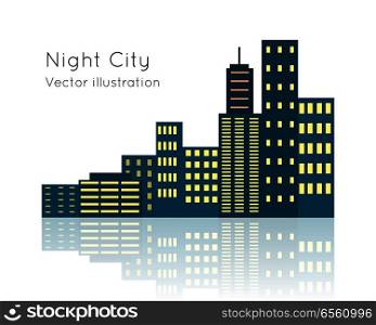 Night city vector illustration on white background. Dark block of flats with switched lights. Buildings situated close nearby each other. Structures has light reflection in flat style cartoon design. Night City Vecor Illustration on White Backgrpund.