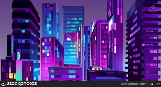 Night city with neon glowing illumination view from roof. Modern futuristic megalopolis architecture buildings. Urban cityscape background with residential constructions, Cartoon vector Illustration. Night city with neon illumination view from roof