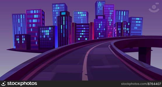 Night cityscape and highway flyover or bridge isolated on grey background. Cartoon vector illustration of dark modern city skyscrapers with illuminated neon windows. Futuristic urban background. Night cityscape and highway flyover or bridge
