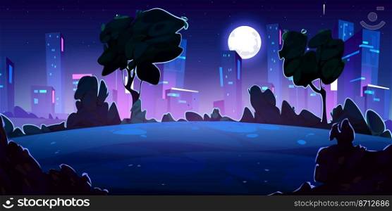 Night cityscape background and moonlit urban park. Cartoon vector illustration of midnight public garden with full moon glowing in starry sky, silhouettes of trees and bushes, skyscraper buildings. Night cityscape background and moonlit urban park