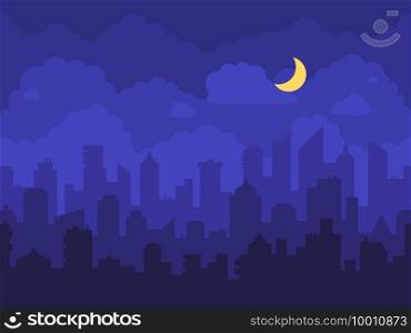 Night cityscape. Cartoon city at night with skyscrapers skyline, clouds and moon. Panorama with high buildings, houses and towers in town vector background illustration. Business downtown. Night cityscape. Cartoon city at night with skyscrapers skyline, clouds and moon.Vector background