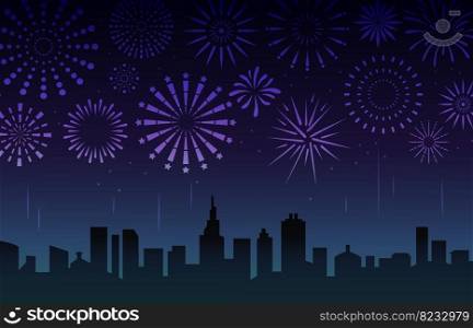 Night cityscape fireworks in dark sky. Fun city celebrating new year or anniversary. Festive color firework graphics. Neoteric festival vector landscape. Illustration of cityscape celebration bright. Night cityscape fireworks in dark sky. Fun city celebrating new year or anniversary. Festive color firework graphics. Neoteric festival vector landscape