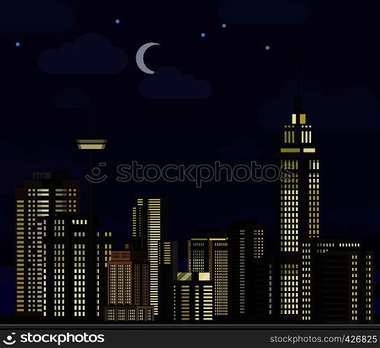 Night cityscape. Flat skyscraper modern buildings city office center, apartment house hotel residential block exterior panorama urban vector illustration. Night cityscape. Flat skyscraper modern buildings city office center, apartment house hotel residential block exterior urban vector illustration