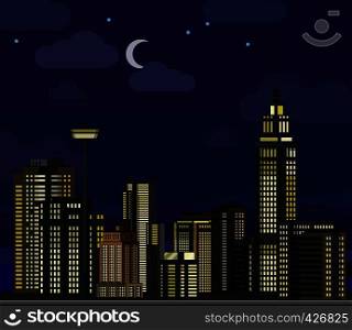 Night cityscape. Flat skyscraper modern buildings city office center, apartment house hotel residential block exterior panorama urban vector illustration. Night cityscape. Flat skyscraper modern buildings city office center, apartment house hotel residential block exterior urban vector illustration