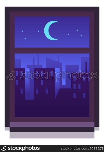 Night cityscape in window frame. View from home isolated on white background. Night cityscape in window frame. View from home