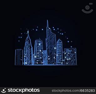 Night cityscape with lights of buildings and skyscrapers. Vector illustration of town drown in light blue colors isolated on dark blue. Night City Lights Icon Vector illustration