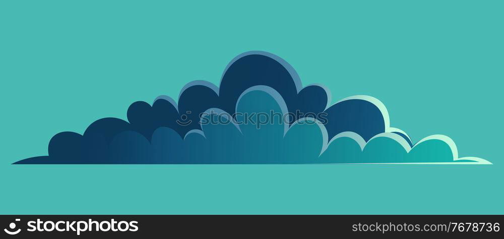 Night cloud vector panorama symbol, dark blue cloud for night view or sky, landscape interface, nature, evening environment symbol, cloudscape, isolated at black background cartoon flat icon. Cloud for night view or sky, landscape interface, evening environment symbol, flat cartoon icon