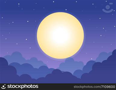 Night cloudy sky background with full moon and shining stars - Vector illustration
