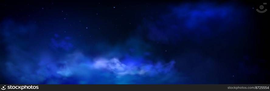 Night cloudy sky with stars, dark starry heaven with moonlight reflecting on clouds. Midnight dusk panoramic background, far universe, deep space mystery landscape, Realistic vector illustration. Night cloudy sky with stars, dark starry heaven