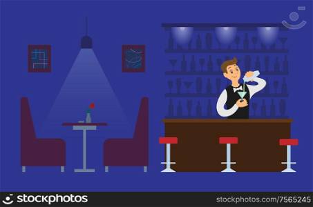 Night club bartender in empty hall with drink glass vector. Male working in evening shifts, alcoholic beverage in bottle, servant sommelier with bar. Night Club Bartender in Empty Hall with Drink