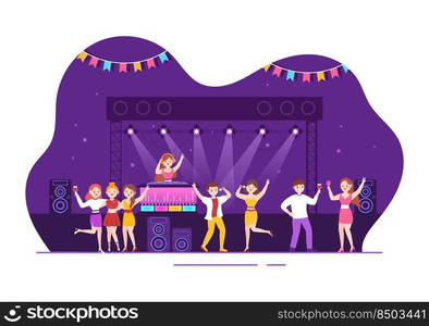 Night Club Cartoon Illustration with Nightlife like a Young People Drink Alcohol and Youth Dance Accompanied by Dj Music in Spotlight