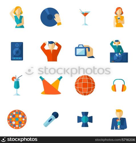 Night club cocktail party disco music icon flat set isolated vector illustration