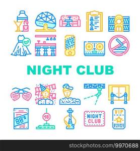 Night Club Dance Party Collection Icons Set Vector. Night Club Lounge Area And Floor Disco Ball, Bar Counter And Dj Equipment Concept Linear Pictograms. Contour Color Illustrations. Night Club Dance Party Collection Icons Set Vector