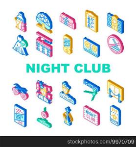 Night Club Dance Party Collection Icons Set Vector. Night Club Lounge Area And Floor Disco Ball, Bar Counter And Dj Equipment Isometric Sign Color Illustrations. Night Club Dance Party Collection Icons Set Vector